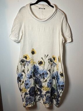 Francesca Bettini Dress Women's Small 100% Linen‎ Balloon Ivory White & Florals